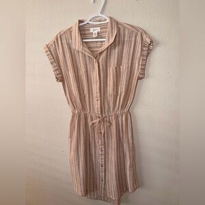 Japna Striped Button-Front Midi Dress in Tan and White